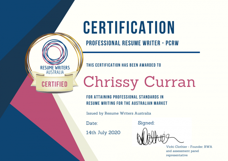 Official certification from the Resume Writers Australia, awarded to Chrissy Curran for attaining professional standards in resume writing for the Australian Market